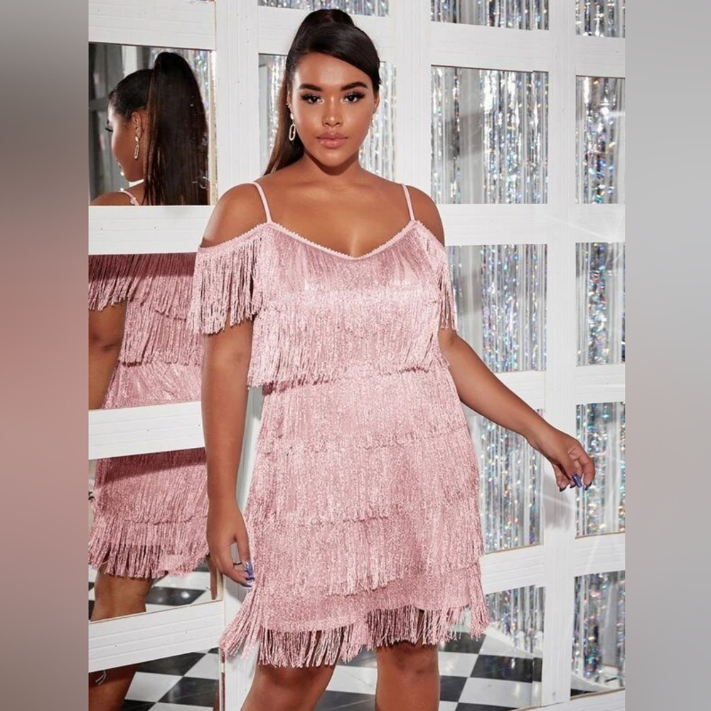 Plus Layered Fringe Overlay Cold Shoulder Dress